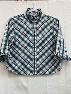 Teal Plaid Ruffle-Neck Button Down Shirt